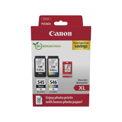 Cartouches Canon PG-545XL / CL-546XL - Pack Noir & Couleur + 50 feuilles Canon Photo Glossy 10x15cm